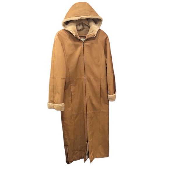 Vintage Jackets & Blazers - Vintage Fitz Wright Womens Leather Trench Coat Size S Hooded Maxi Penny Lane